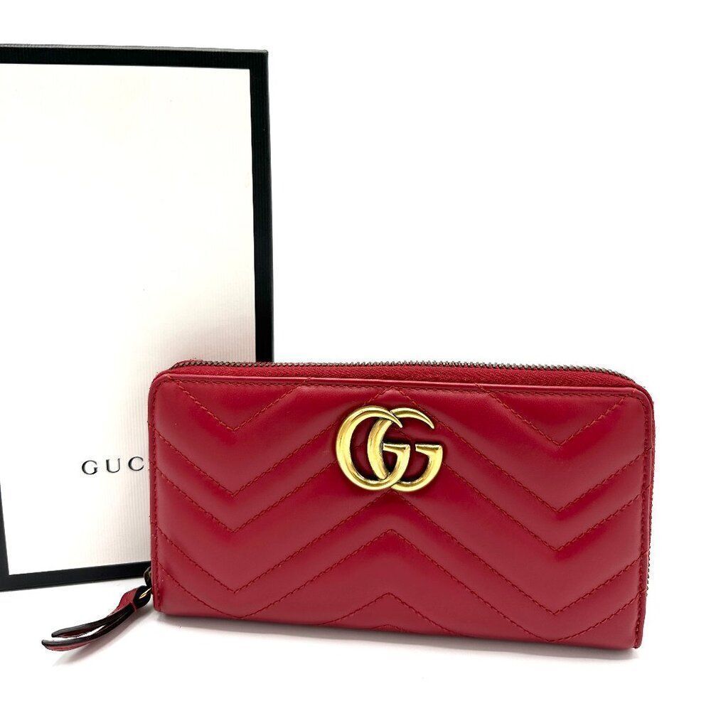 Gucci Red Chevron GG Marmont XL Zippy Long Wallet - Picture 1 of 8